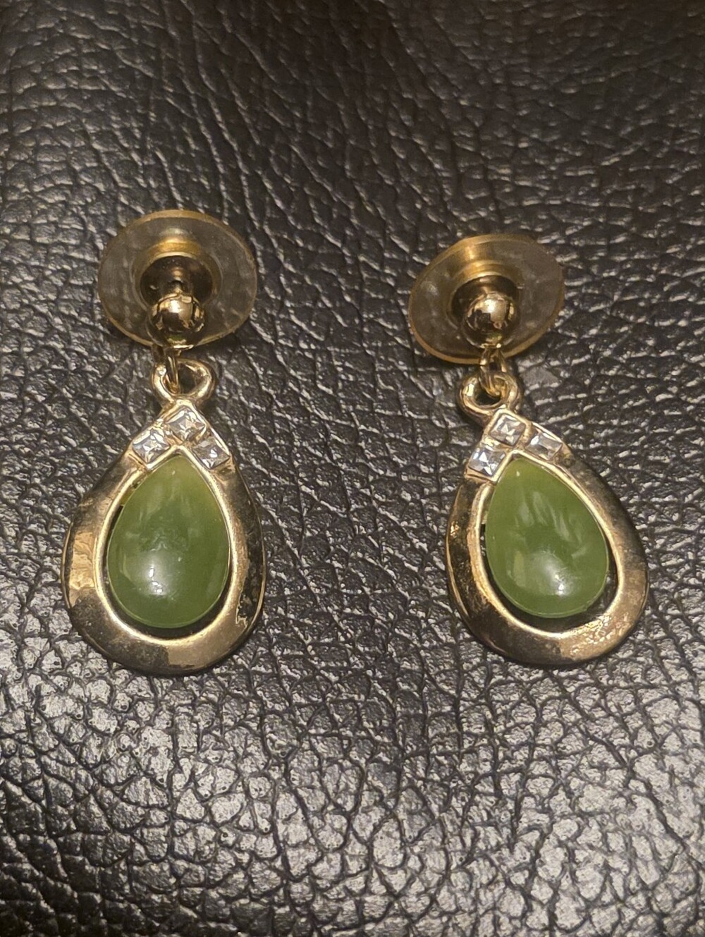 Gold Teardrop Earrings with Green Jade Colored Cabochon Accents